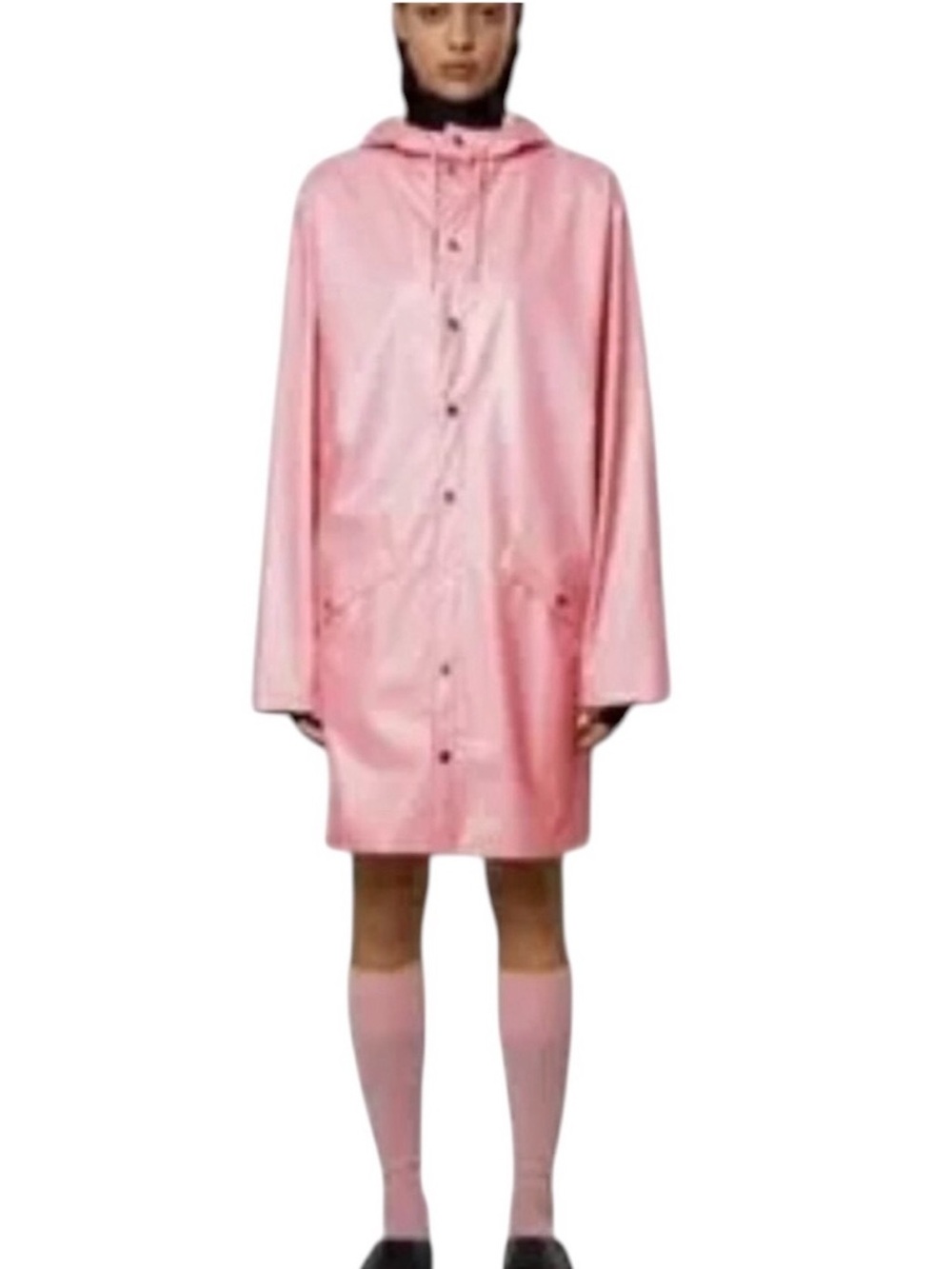 RAINS LONG RAIN JACKET TRENCH IN PINK SKY WITH HOOD UNISEX COASTAL CHIC SZ LARGE - Picture 7 of 13